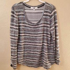 WF Striped Gray Pullover Long Sleeve Scoop Neck Knit Sweater Size XL